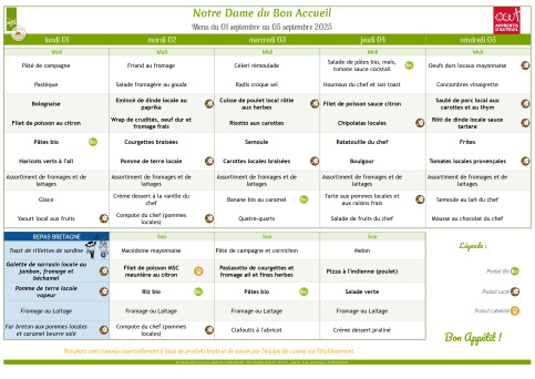 Menu du 01.09 au 05.09
