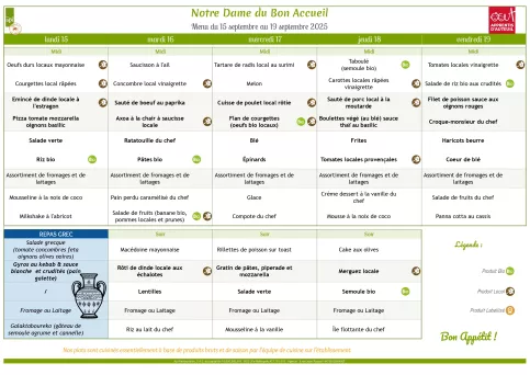 Menu du 15.09 au 19.09