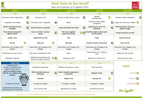 Menu du 15.09 au 19.09